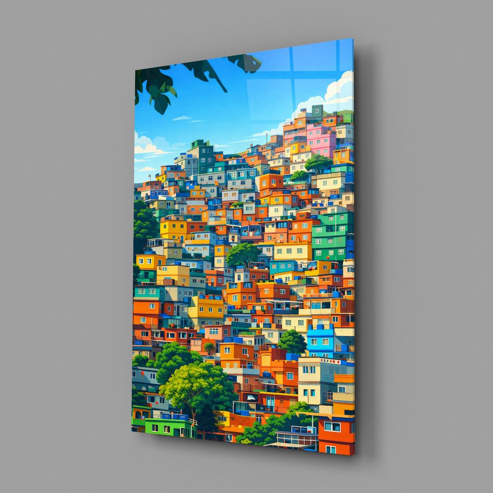 Favela cityscape panel anchoring a beach-house lounge wall
