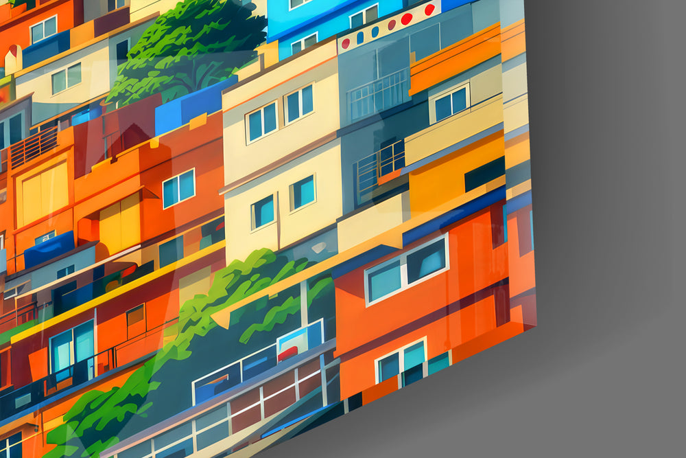 Close-up detail of the rainbow stacked houses and palm fronds behind glass