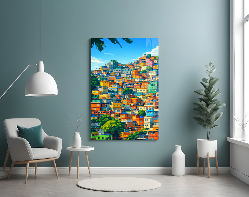Hillside houses artwork styled in a sunny kitchen interior