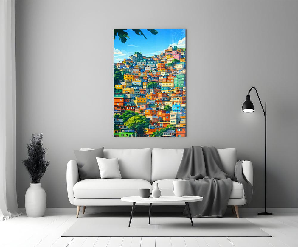 Rio cityscape glass print bringing tropical color to a coastal café