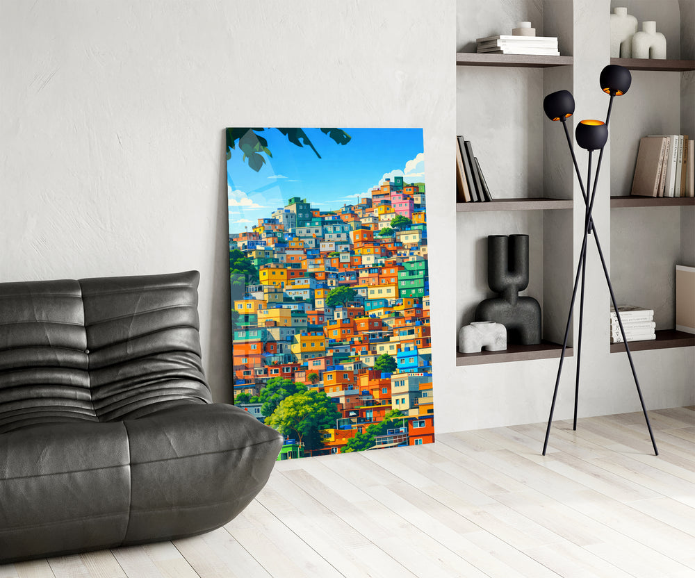 Vibrant hillside panel against a clean white-painted accent wall