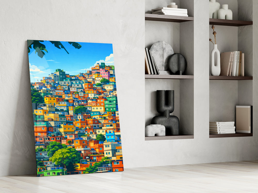 Cityscape artwork in a children's playroom with bright accents