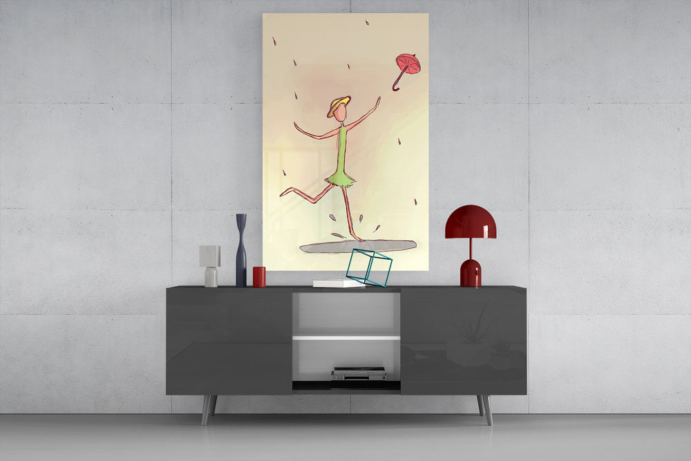 Rainy Day Dancer glass wall art catching light to reveal its watercolor wash