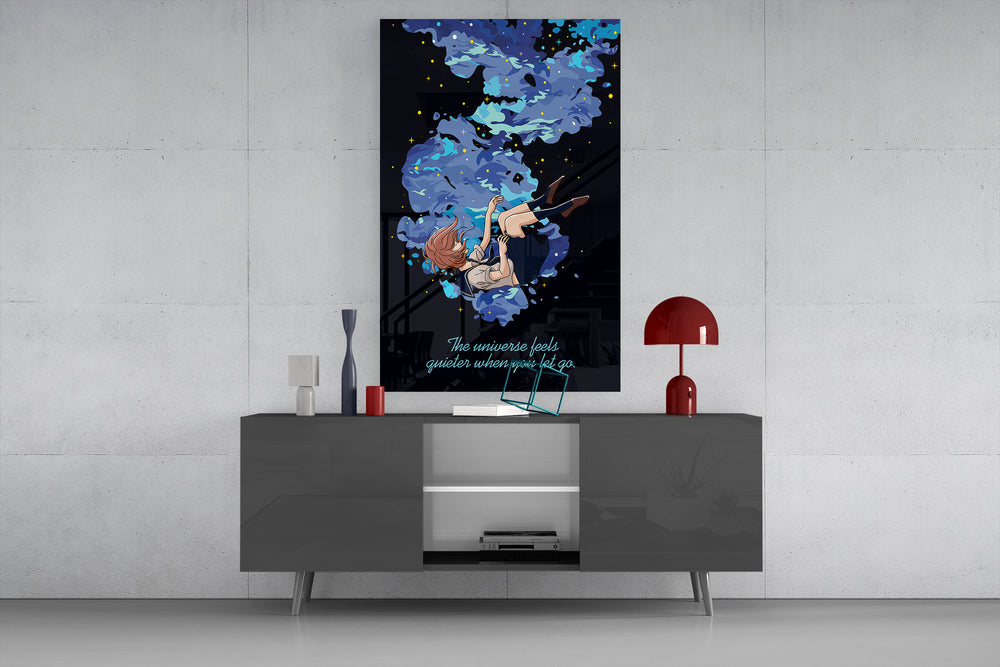 Cosmic Freedom glass wall art catching light to reveal its painterly clouds