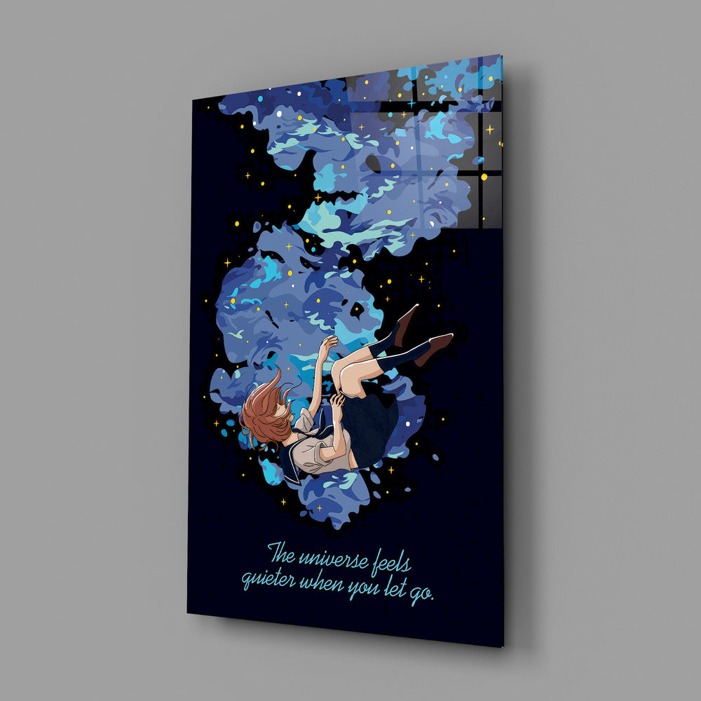 Anime-illustration panel anchoring a meditation room wall