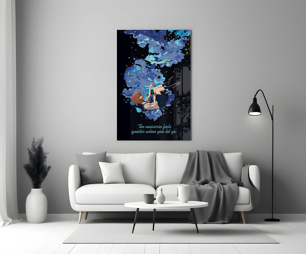 Anime glass print bringing reflective mood to a creative studio