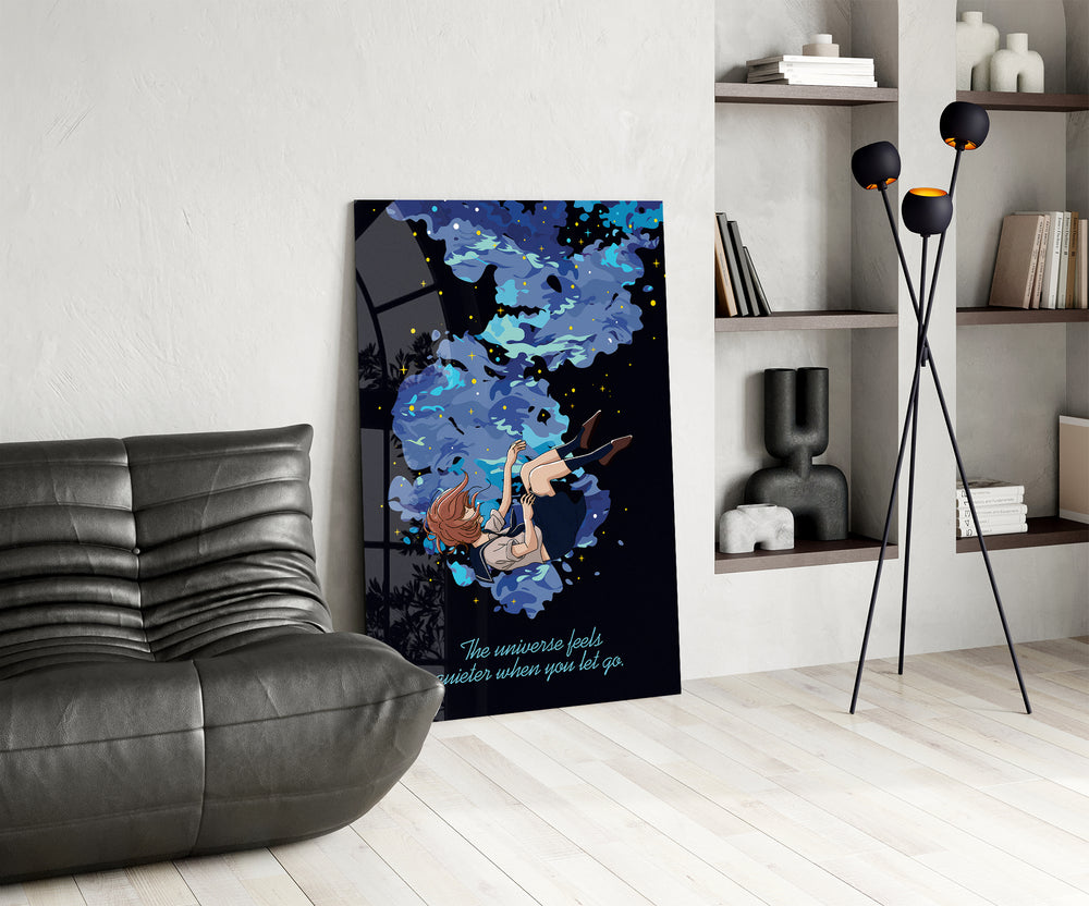 Cosmic falling panel against a deep-navy painted accent wall