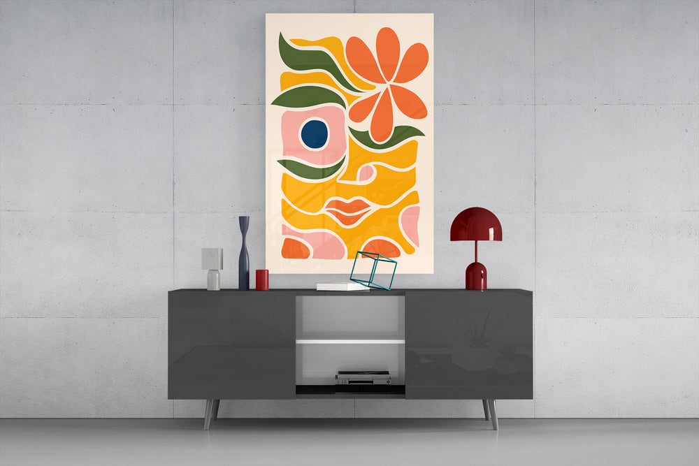 Abstract floral glass wall art catching light to reveal its flat-color cuts