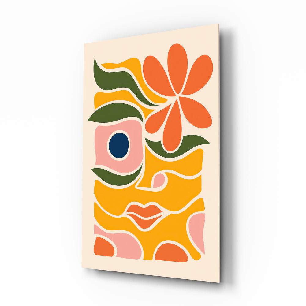 Abstract floral face Matisse-style glass wall art in a modern creative studio