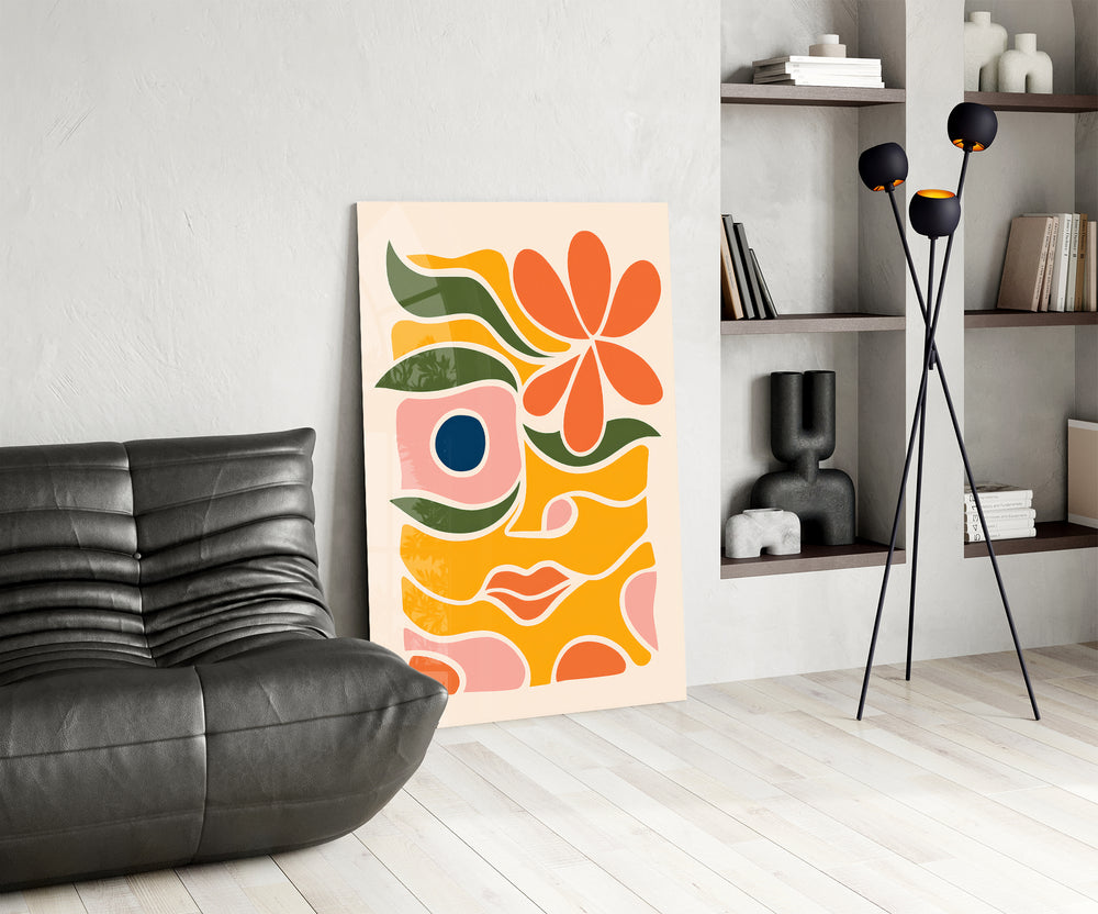 Abstract floral panel against a soft sand-painted accent wall