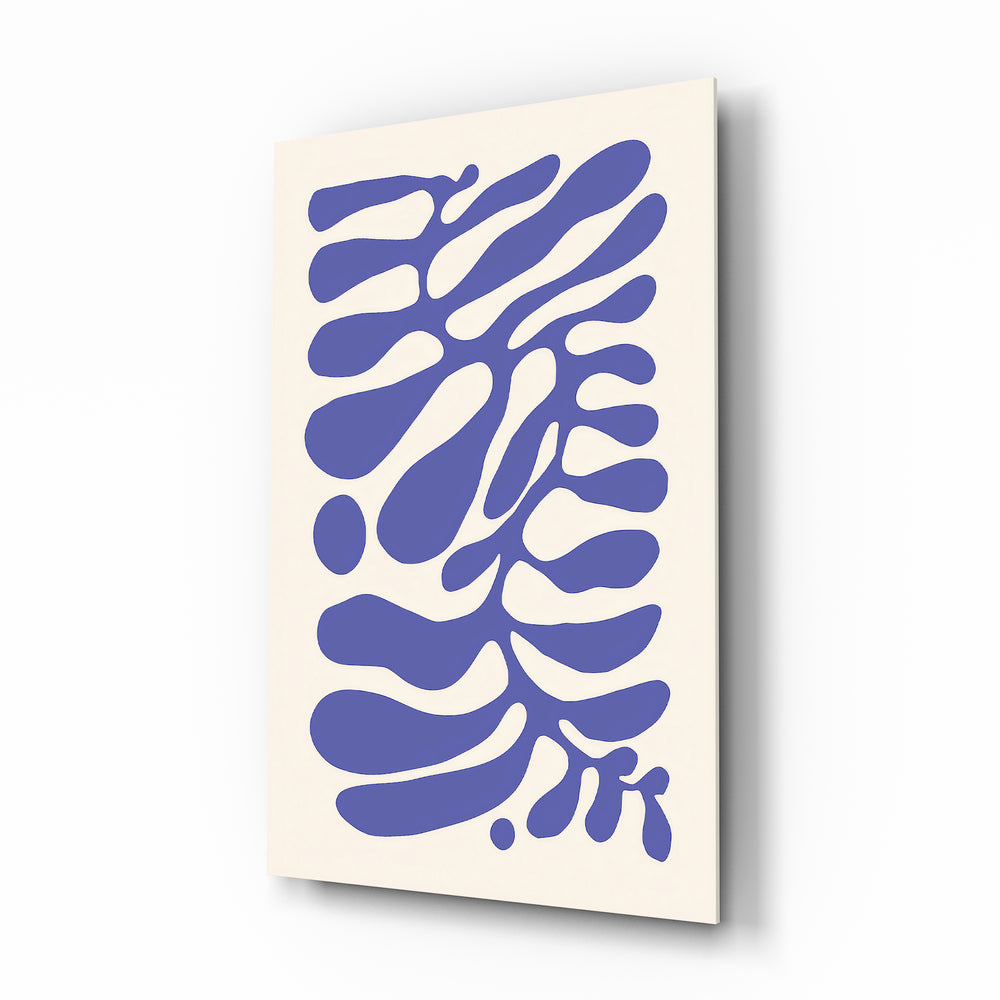 Periwinkle abstract Matisse-style glass wall art in a modern master bedroom