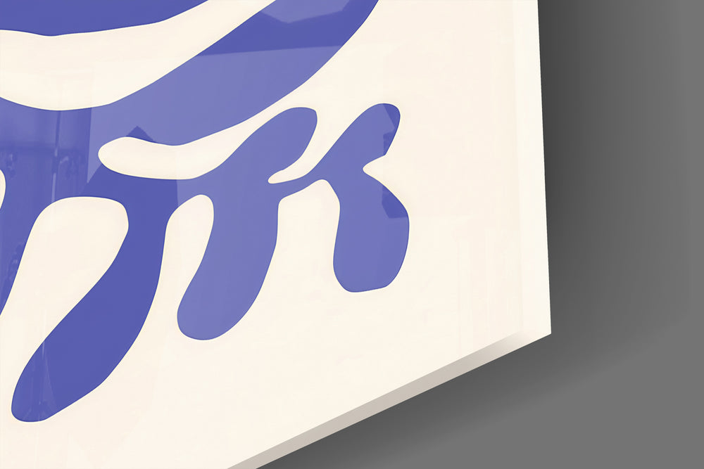Close-up detail of the periwinkle ribbons on cream ground behind glass