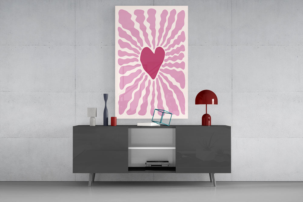 Heart sunburst glass wall art catching light to reveal its flat-color cuts