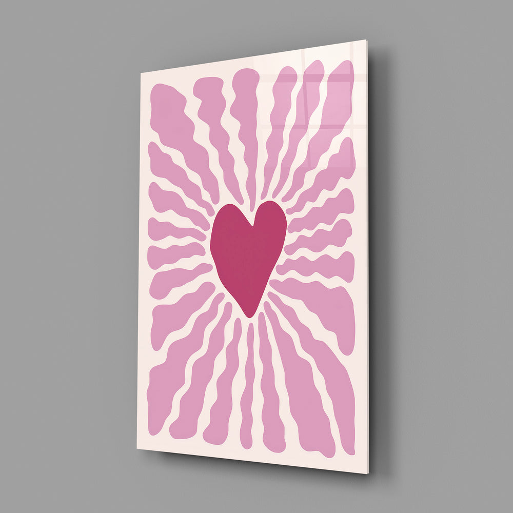 Pink-heart sunburst panel anchoring a nursery wall