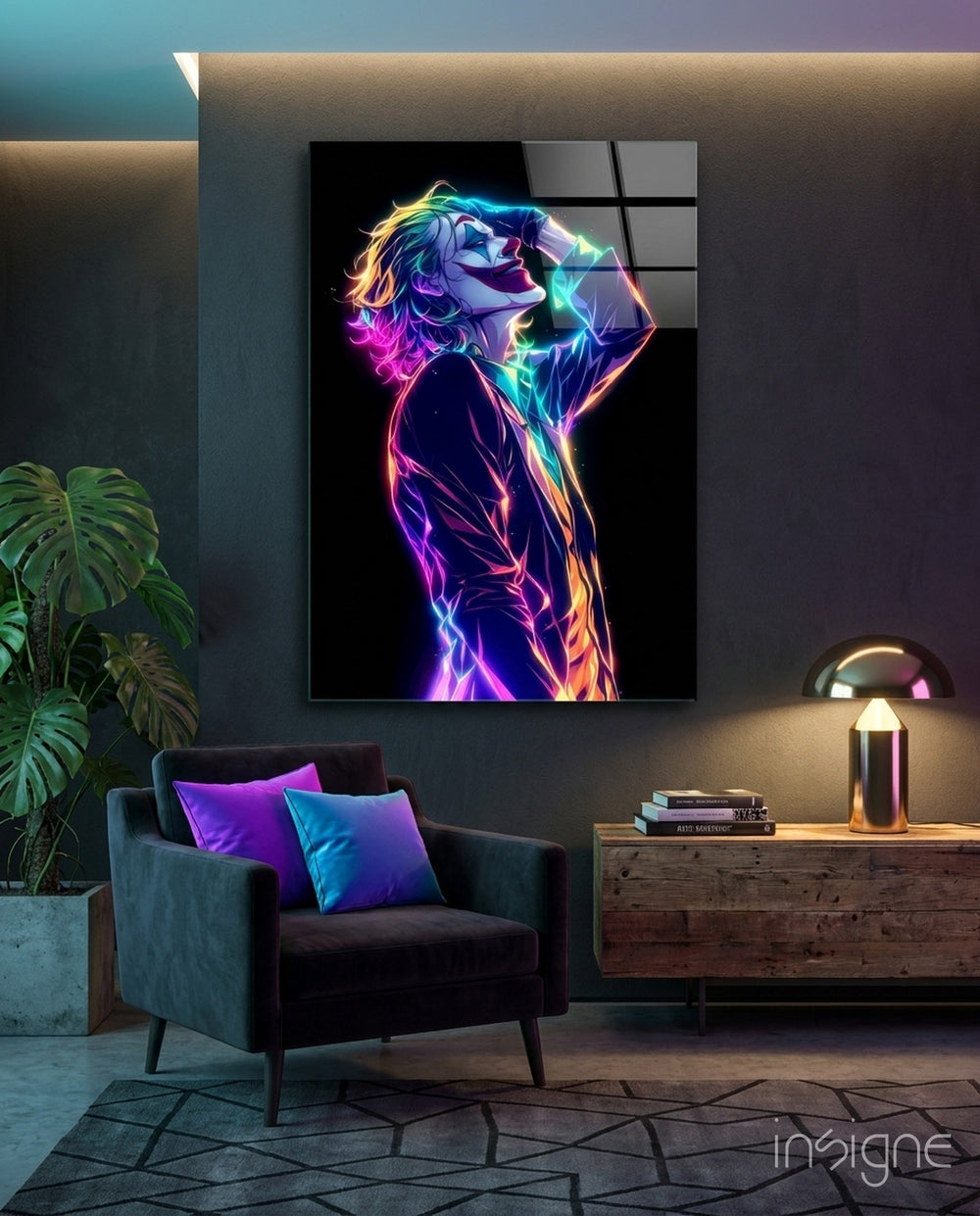 Neon Joker Glass Wall Art - Lifestyle preview in a designer interior
