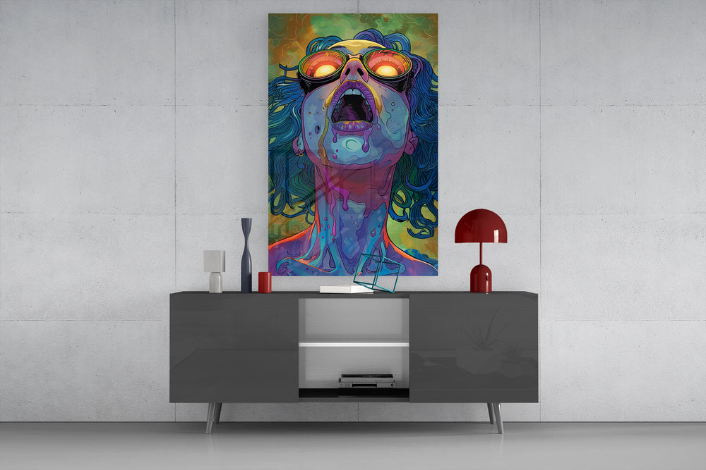 Psychedelic Goggles glass wall art catching light to reveal its drip texture