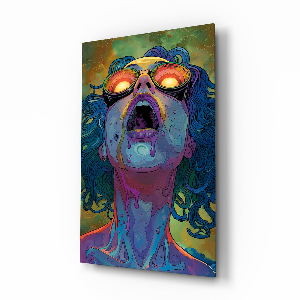 Psychedelic Goggles pop-comic glass wall art in a modern gaming room