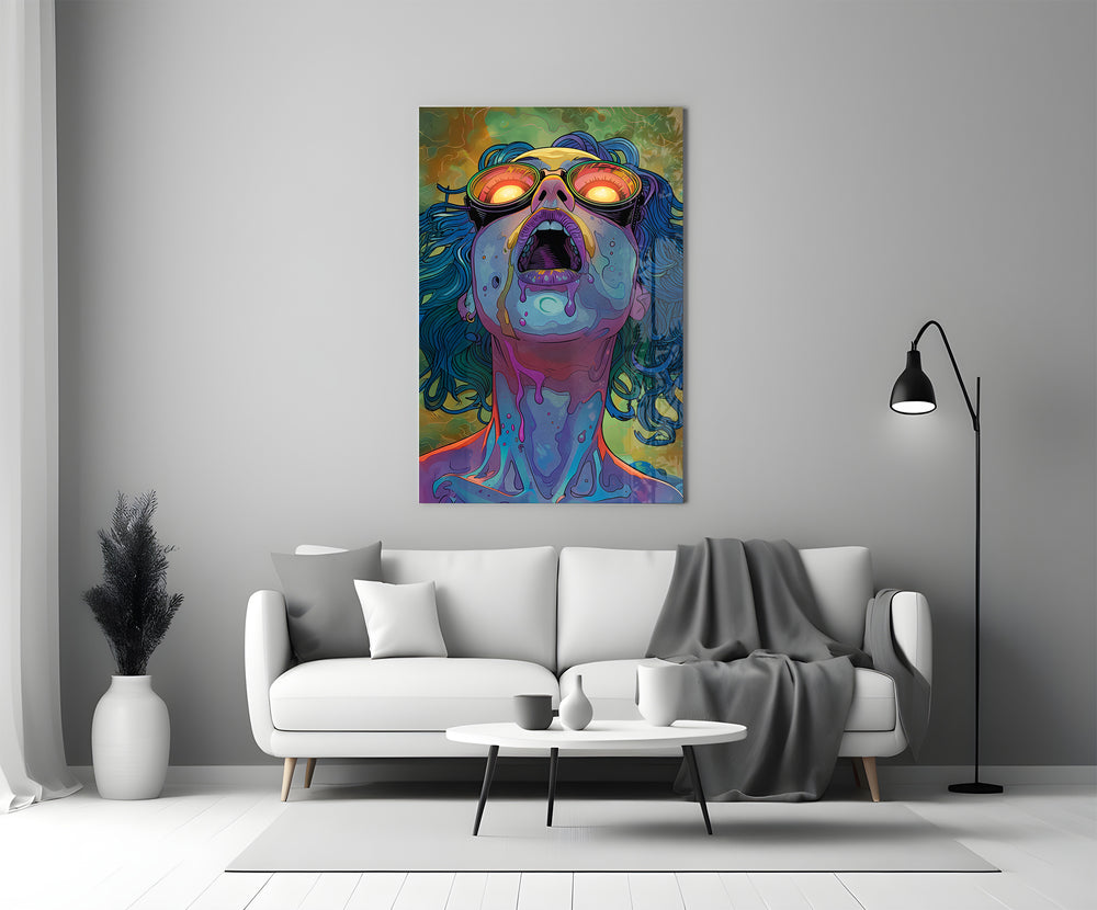 Pop-graffiti glass print bringing trippy edge to a creative loft