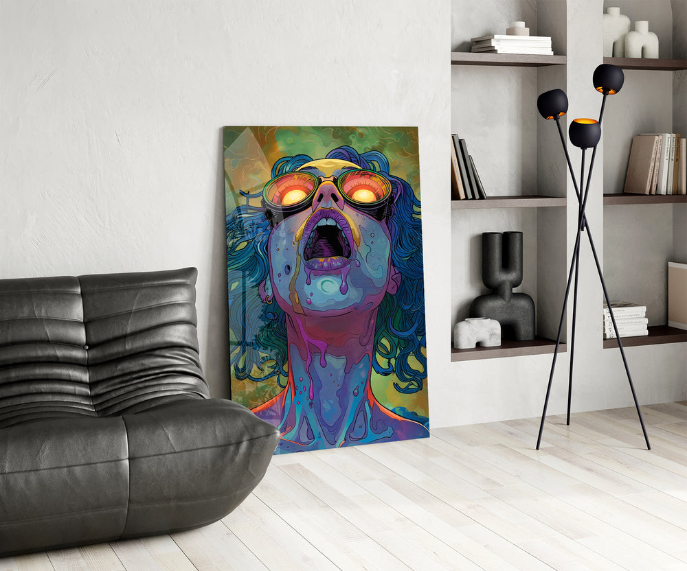 Drip-portrait panel against a moody dark-painted wall