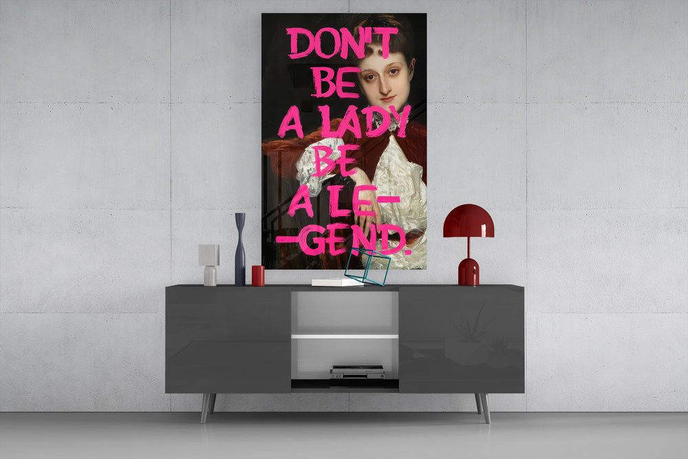 Legend Lady glass wall art catching light to reveal its mash-up palette