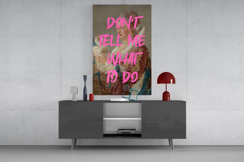 Don't Tell Me glass wall art catching light to reveal its mash-up palette