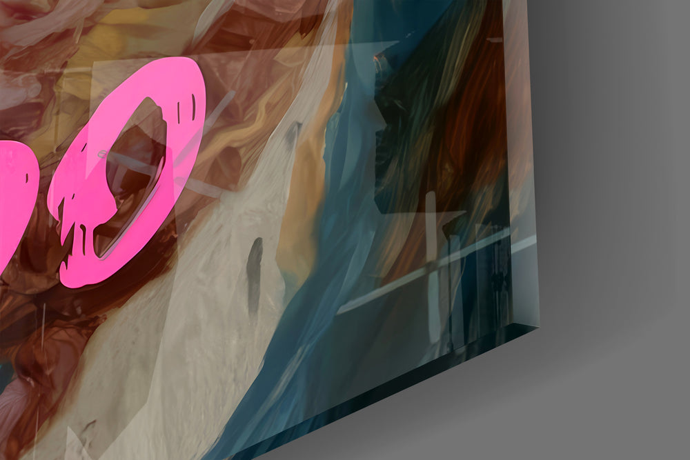 Close-up detail of the powdered aristocrat and pink graffiti type behind glass