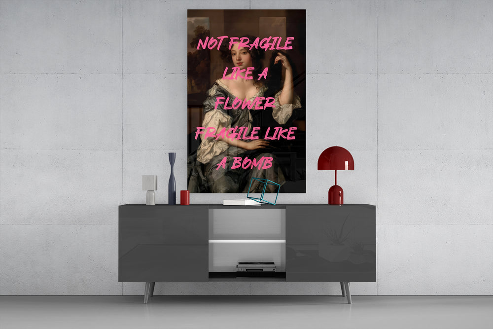 Fragile Bomb glass wall art catching light to reveal its mash-up palette