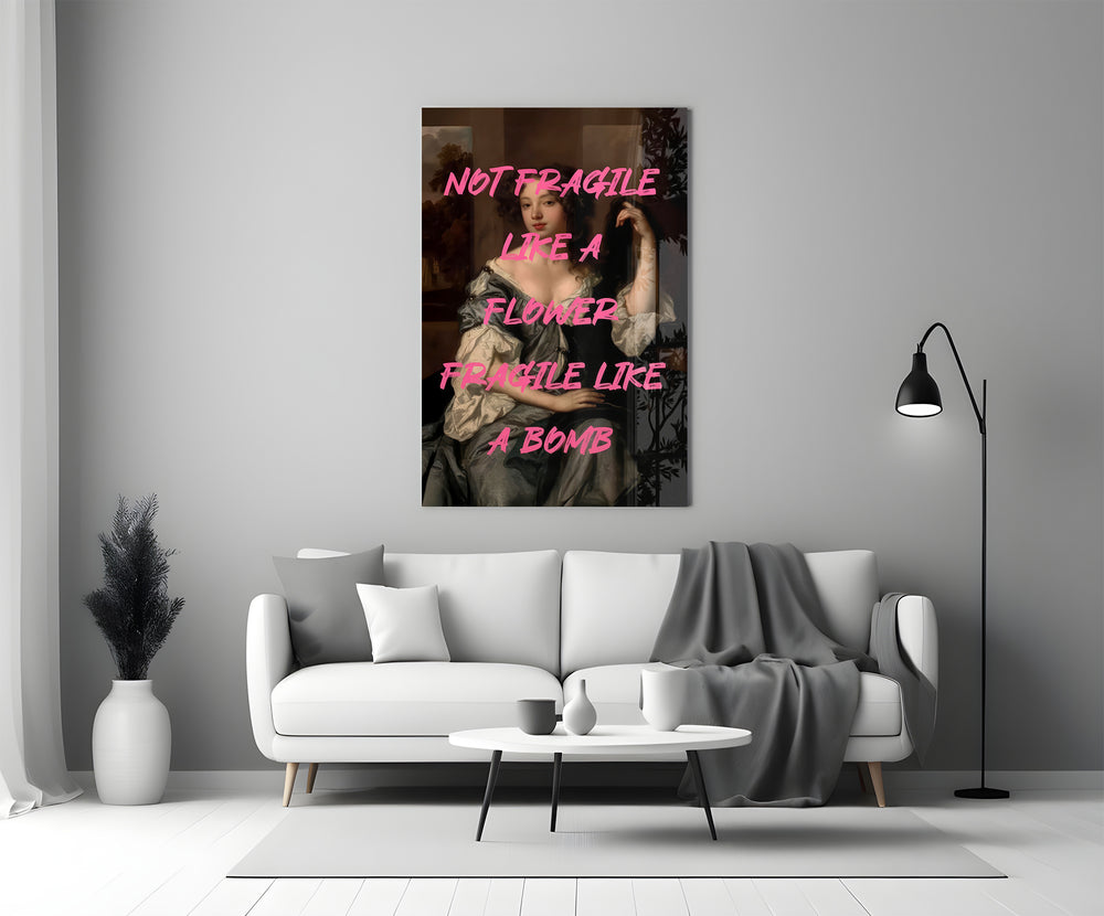 Feminist-graffiti glass print bringing manifesto edge to a master bedroom