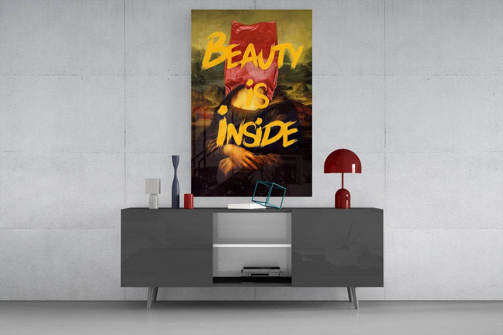 Inner Beauty glass wall art catching light to reveal its mash-up palette