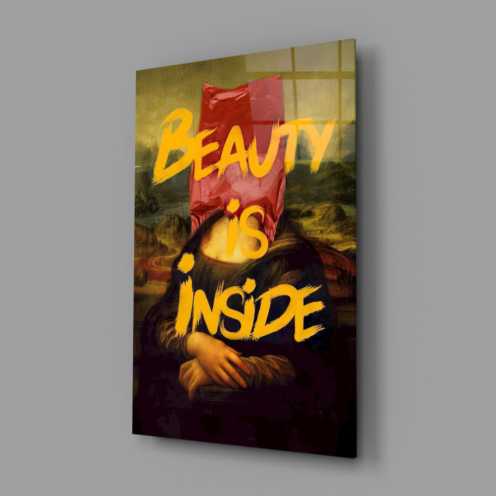 Conceptual altered-portrait panel anchoring a designer's office wall
