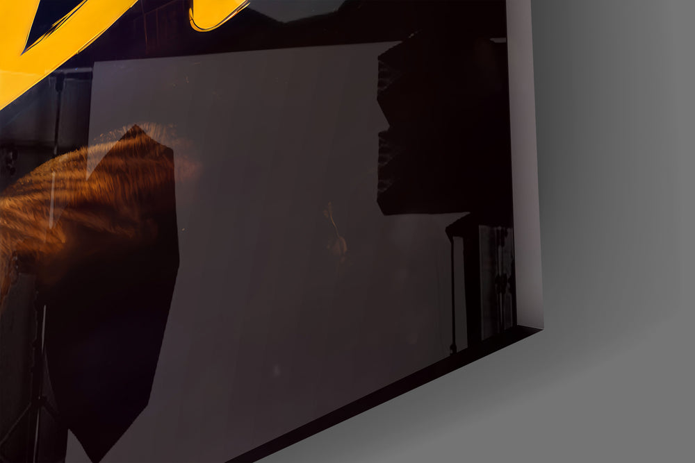 Close-up detail of the bagged Mona Lisa and yellow graffiti behind glass