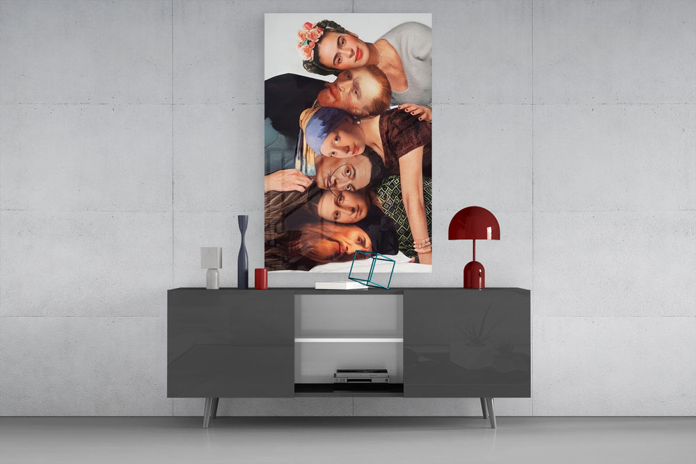 Art-history collage glass wall art catching light to reveal its photographic detail