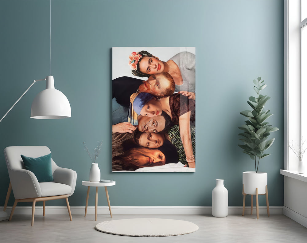Art-history collage artwork styled in a women's boutique interior