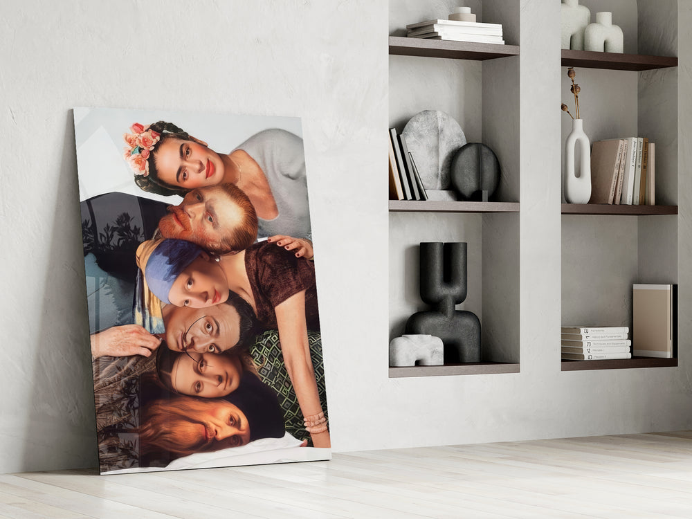Group portrait artwork in a contemporary guest bedroom