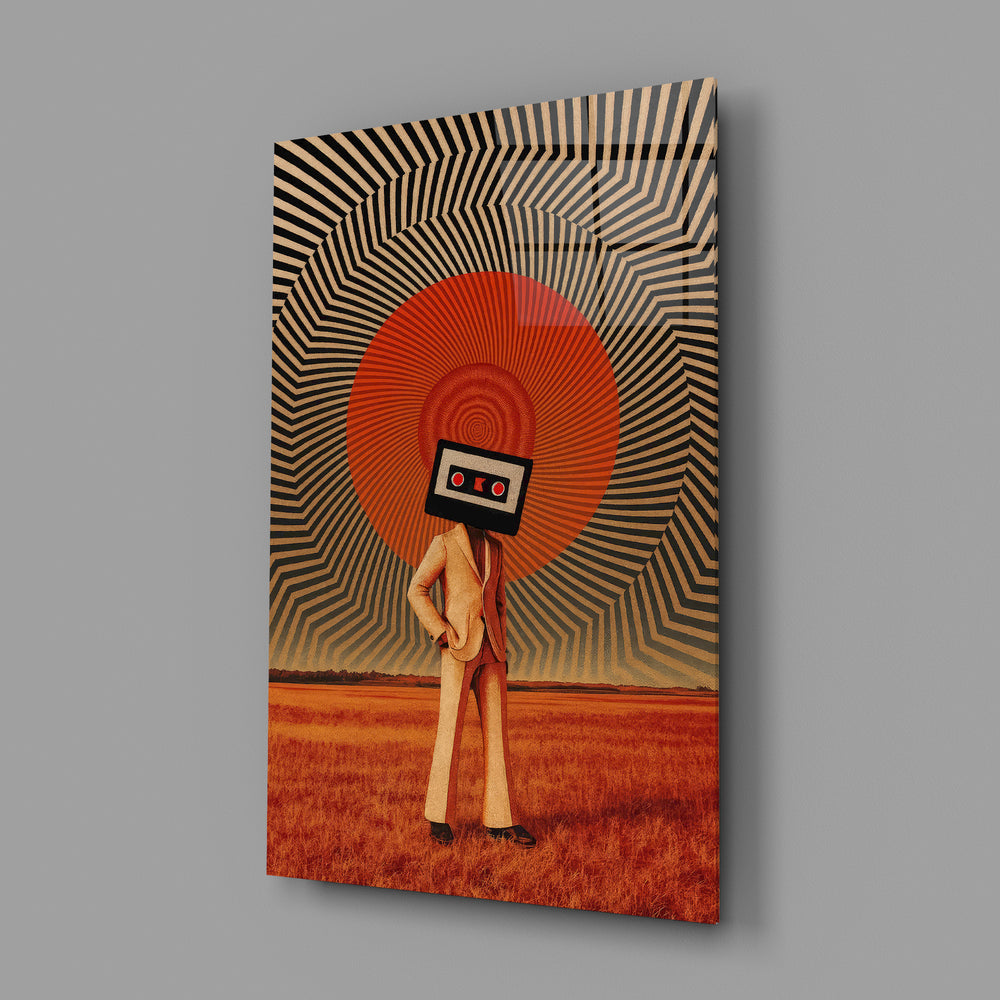 Retro dada-collage panel anchoring a recording studio wall