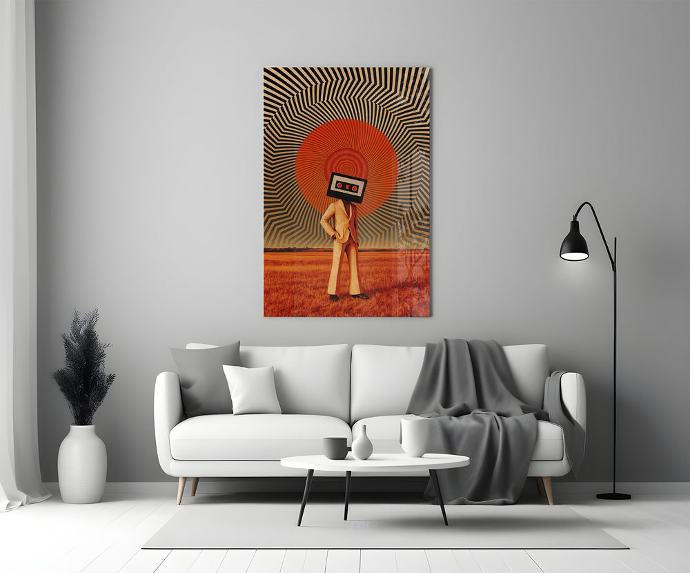 Retro-album glass print bringing dada edge to a designer's office