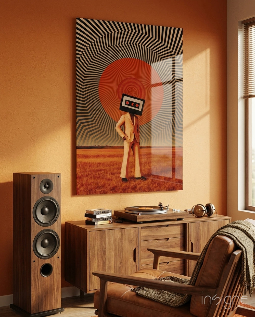 Cassette Head in Red Field Glass Wall Art - Lifestyle preview in a designer interior