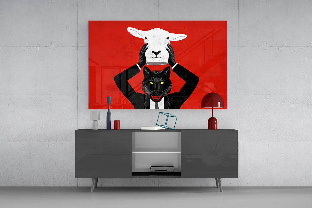 Sheep in Wolf's Clothing glass wall art catching light to reveal its woodcut grain