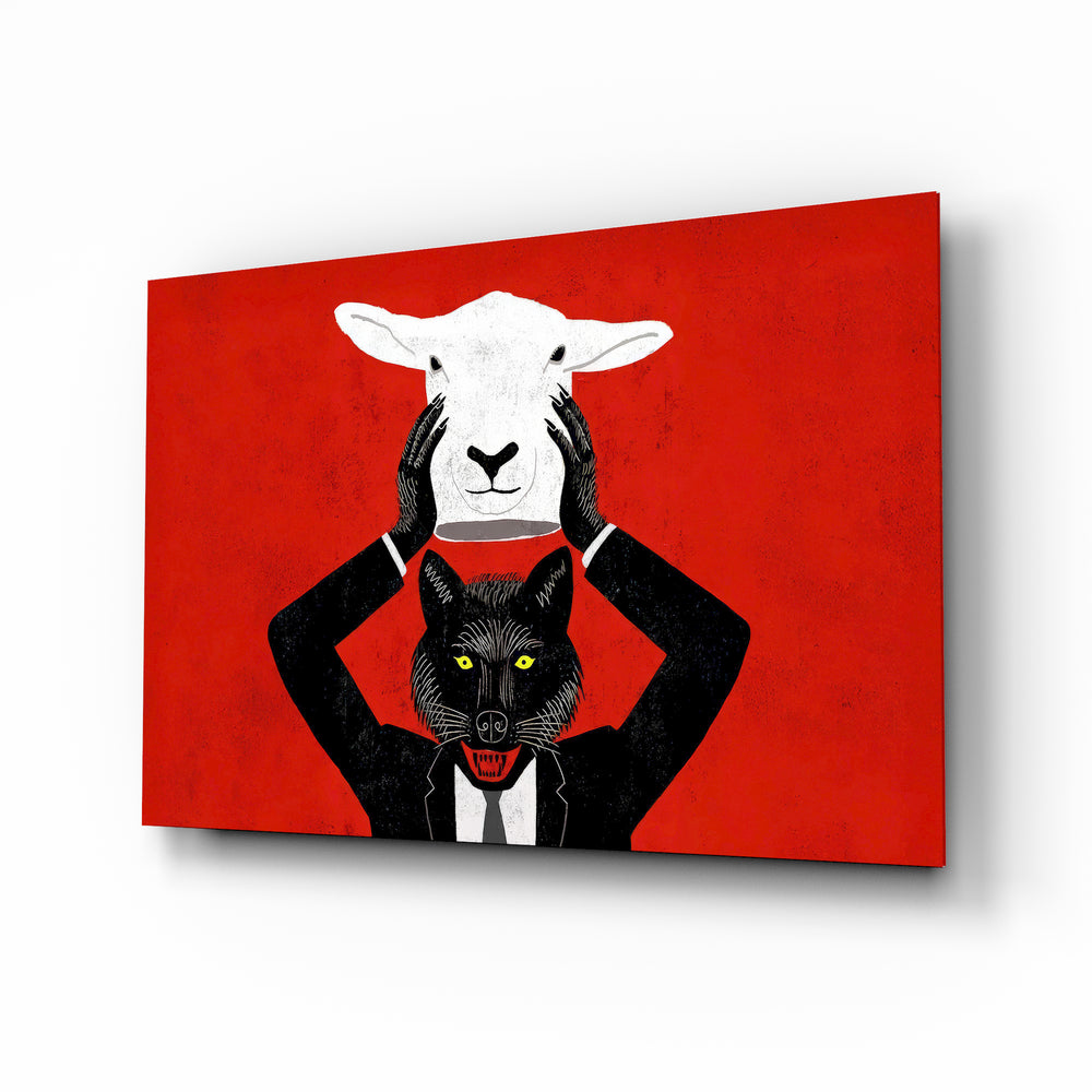 Sheep in Wolf's Clothing allegory glass wall art in a modern study