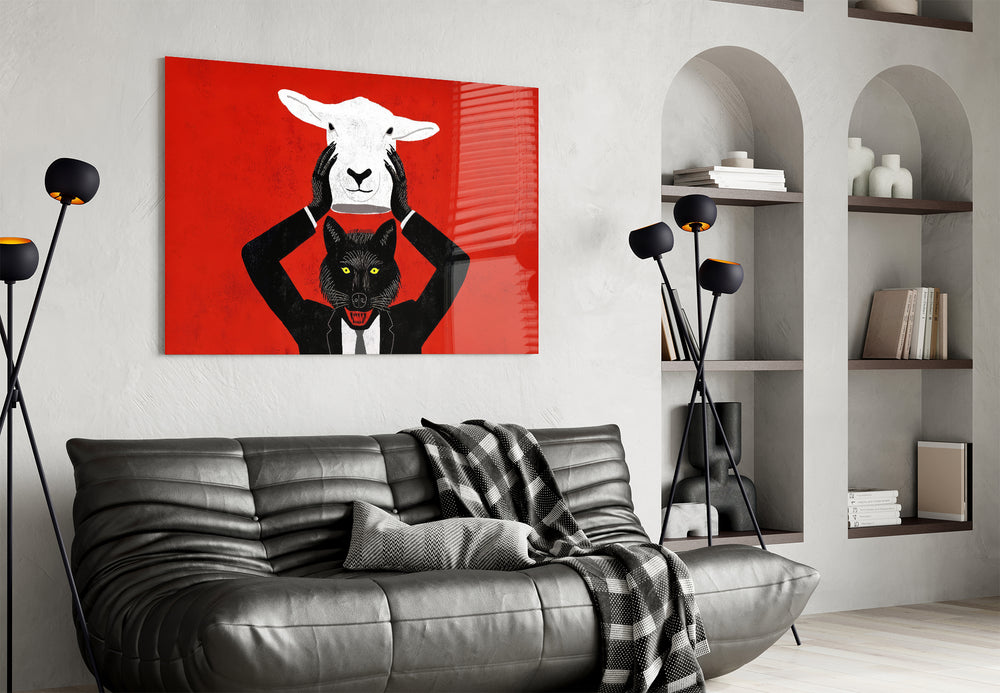 Allegorical artwork styled in a master bedroom with bold accents