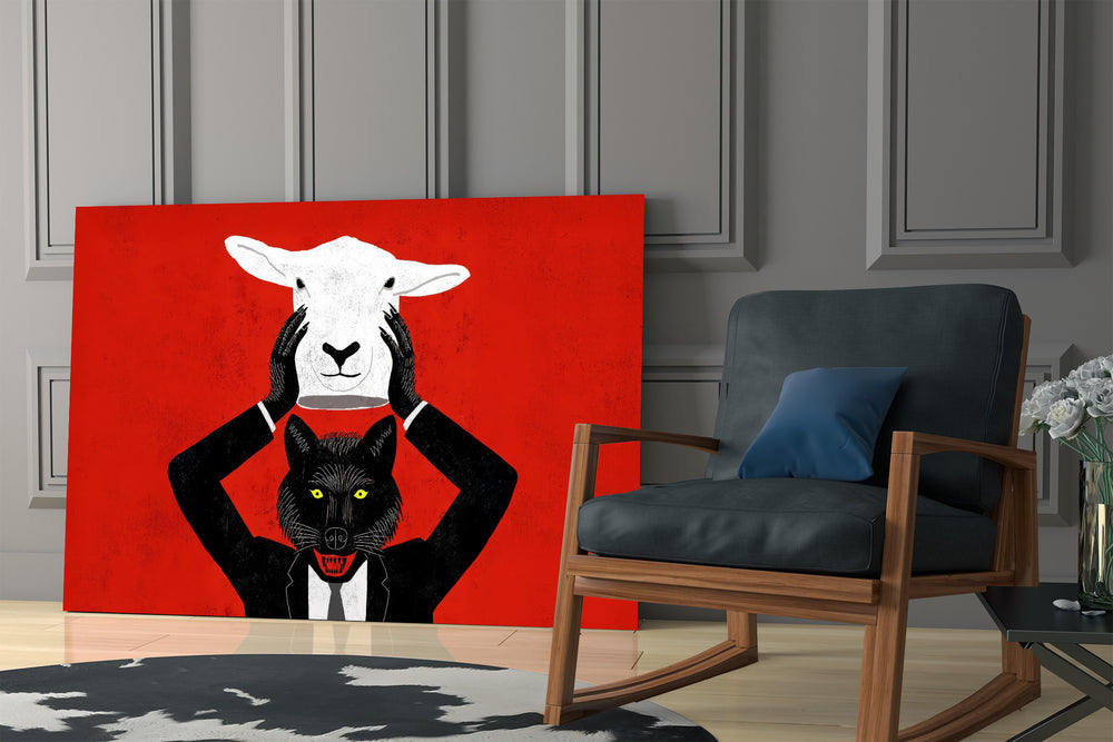 Wolf-and-sheep artwork in a cigar lounge interior