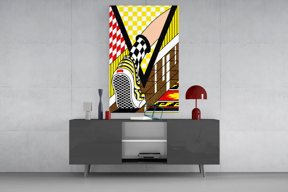 Vans pop glass wall art catching light to reveal its halftone dots