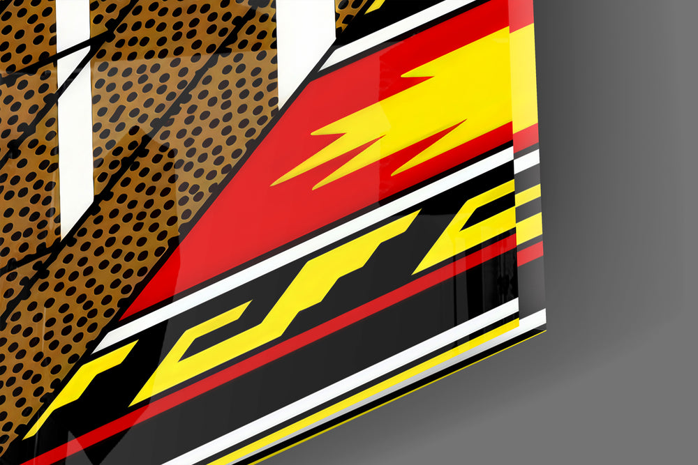 Close-up detail of the checker sock and sneaker on yellow halftone behind glass