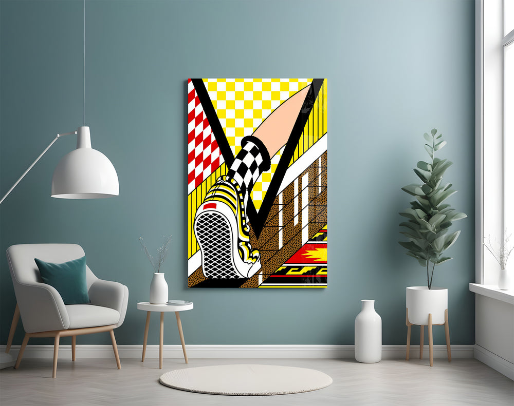 Pop-art sneaker artwork styled in a streetwear lounge interior