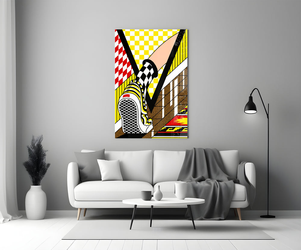 Comic-frame glass print bringing pop edge to a creative office