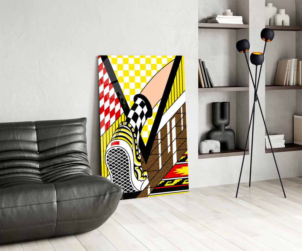 Checker sneaker panel against a clean white-painted accent wall