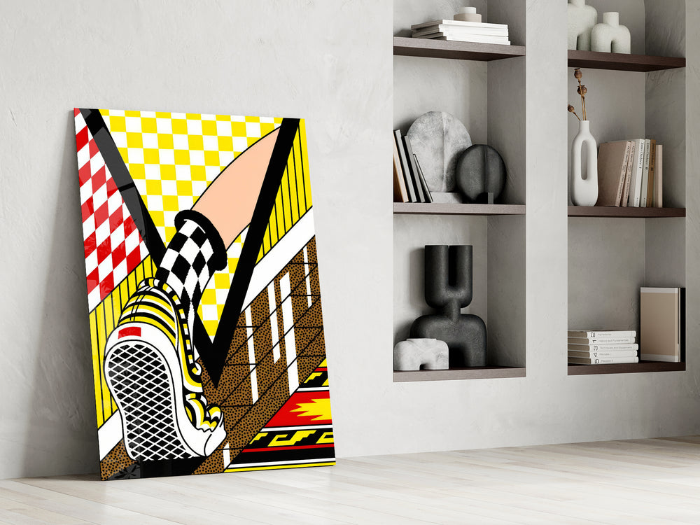 Pop-art sneaker artwork in a barbershop with vintage palette