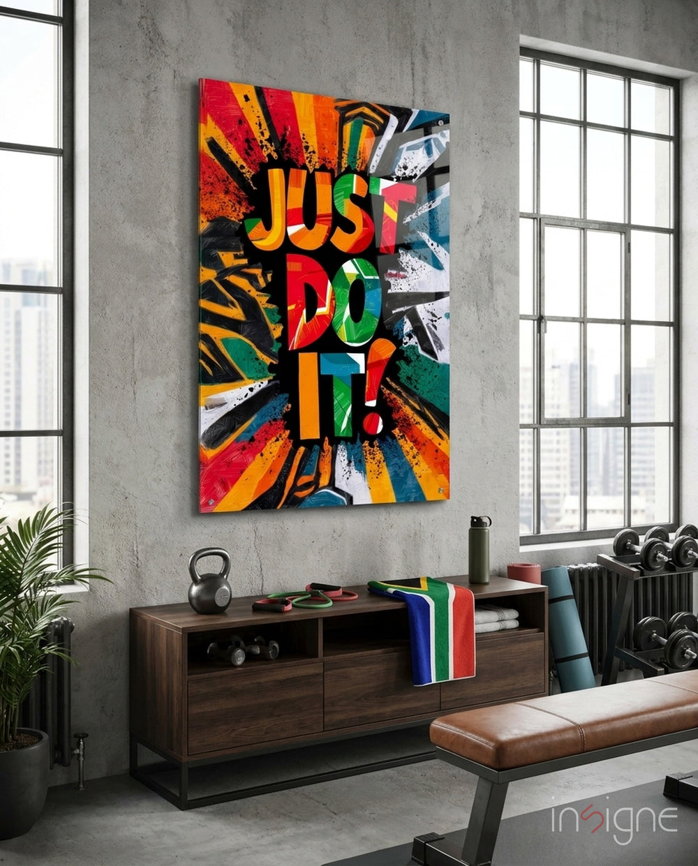 Vibrant 'Just Do It' Motivational Glass Wall Art - Lifestyle preview in a designer interior
