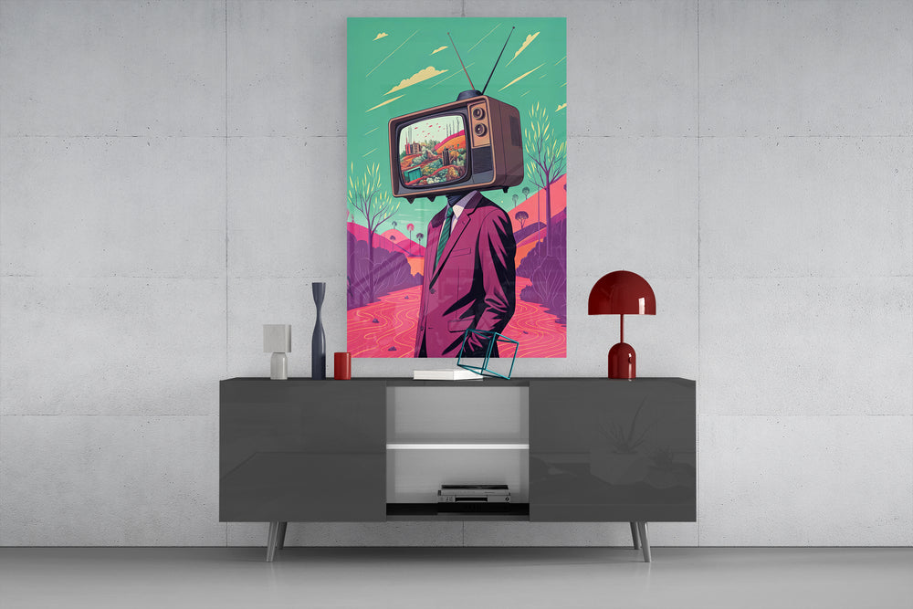TV Head glass wall art catching light to reveal its illustrated palette