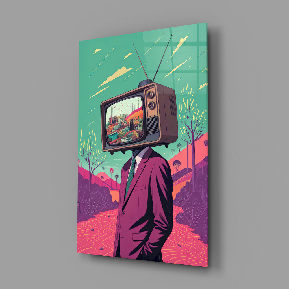 Retro-illustration panel anchoring a media-room accent wall